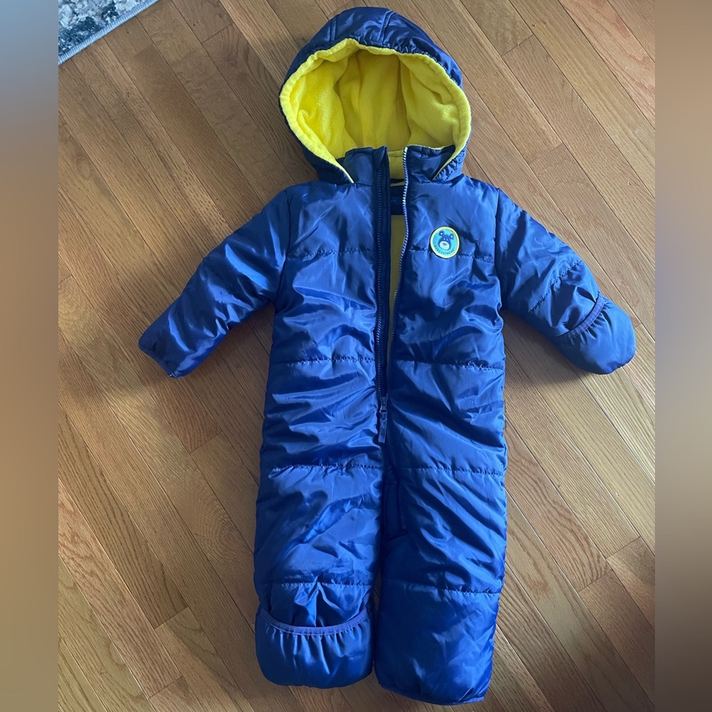 Blue & Yellow Infant Snowsuit Jacket - Cozy Hooded Winter One-Piece